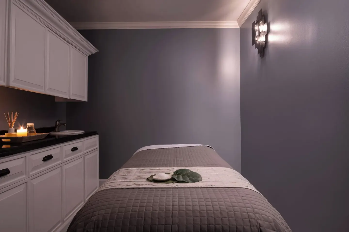 Single spa treatment room with massage table at The Ritz-Carlton, St. Thomas.