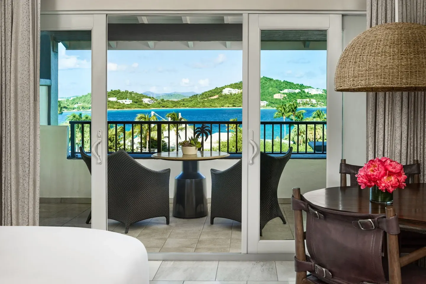 Ocean View Room balcony with sea and hillside views at The Ritz-Carlton, St. Thomas.