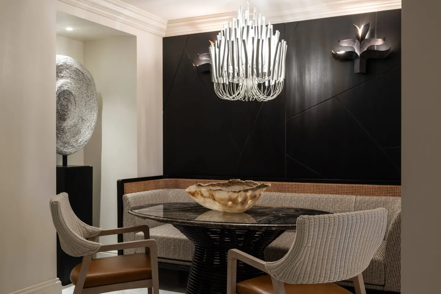 Presidential 1 Bedroom Suite dining nook at The Ritz-Carlton, St. Thomas with chandelier.