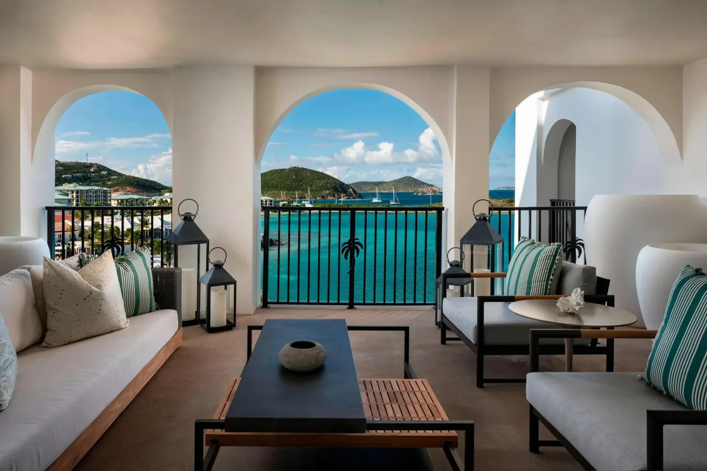 Presidential 1 Bedroom Suite outdoor living area at The Ritz-Carlton, St. Thomas facing the bay.