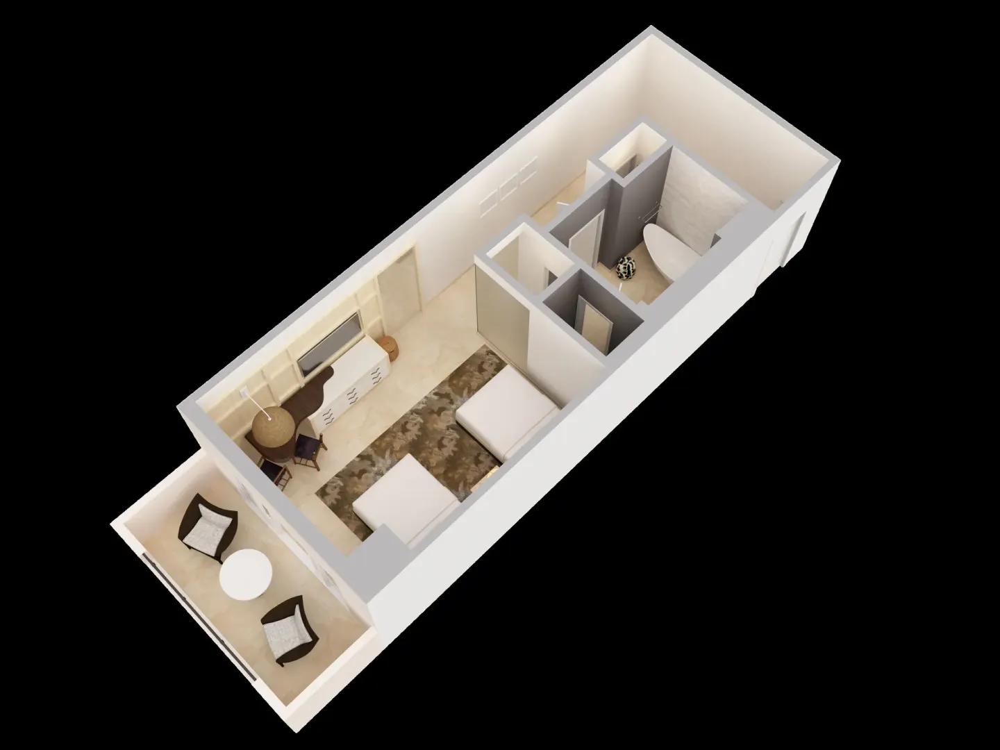Angled 3D floor plan of a Resort View Room with balcony at The Ritz-Carlton, St. Thomas.