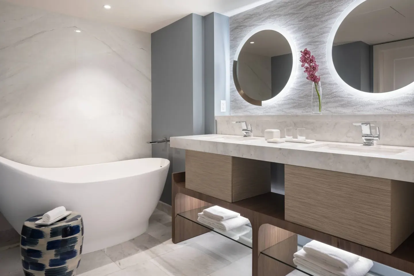 Resort View Room bathroom with soaking tub and double vanity at The Ritz-Carlton, St. Thomas.