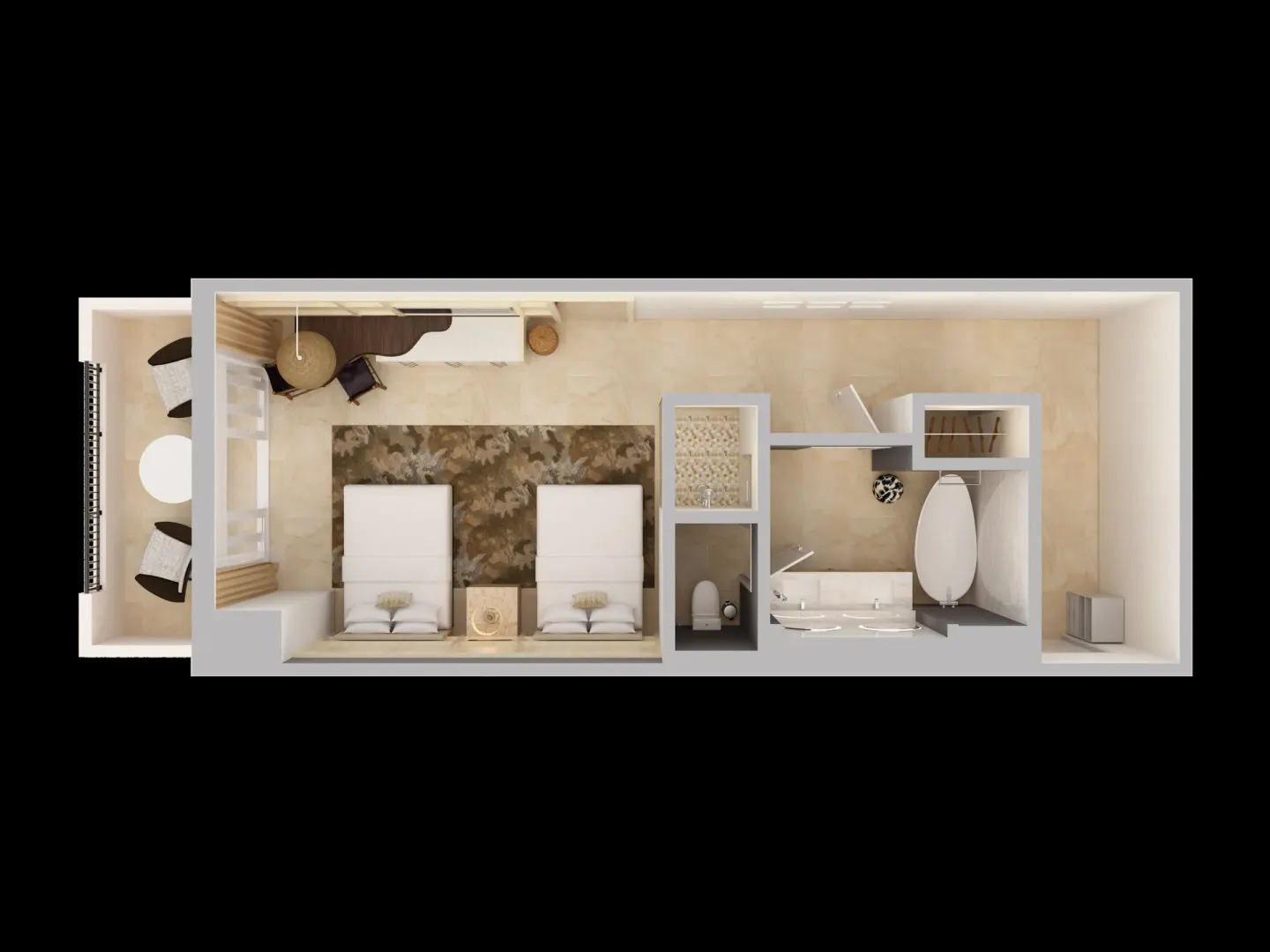 Top-down floor plan of a Resort View Room with balcony at The Ritz-Carlton, St. Thomas.