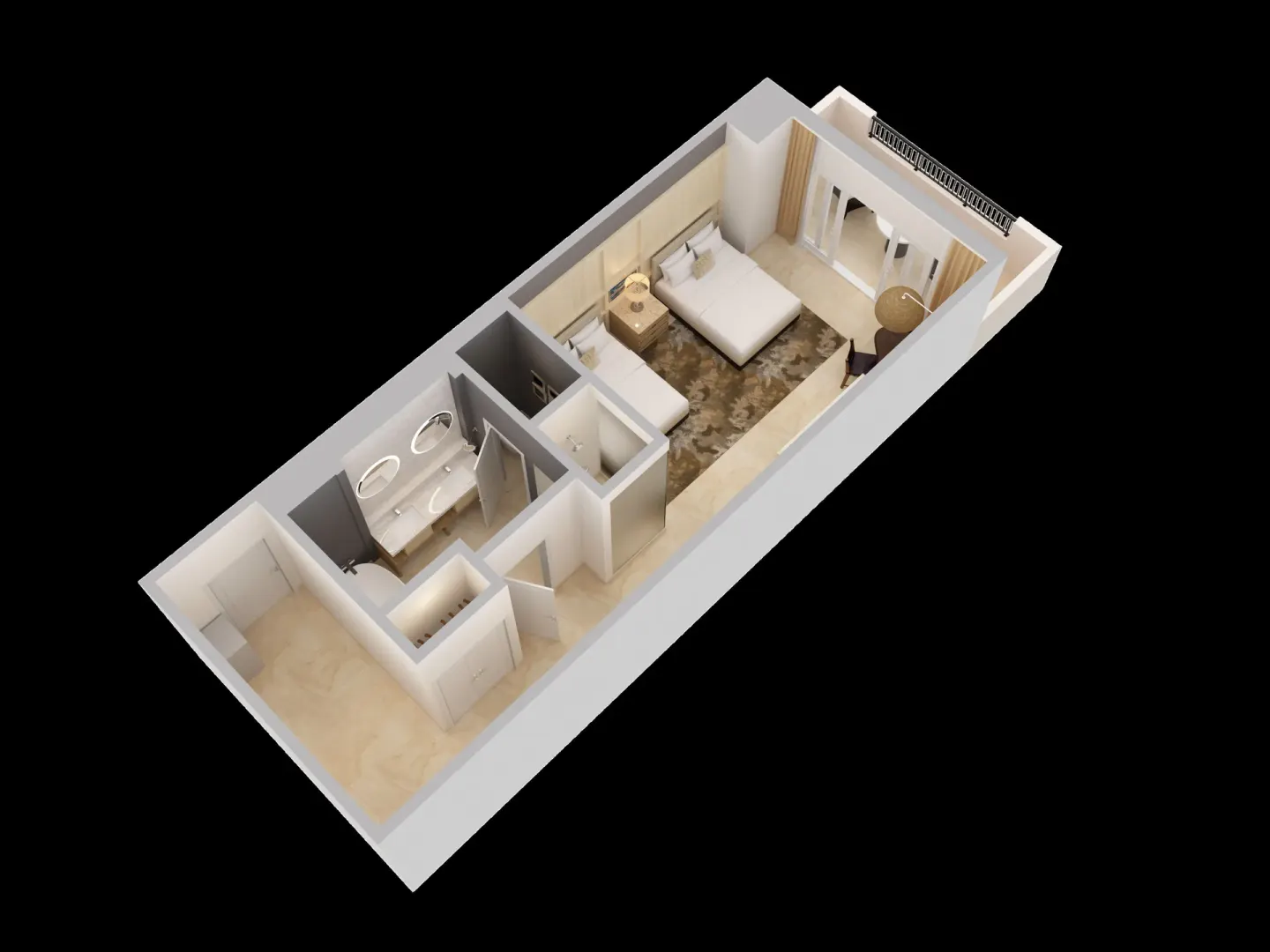 Resort View Room floor plan with king bed and balcony at The Ritz-Carlton, St. Thomas.