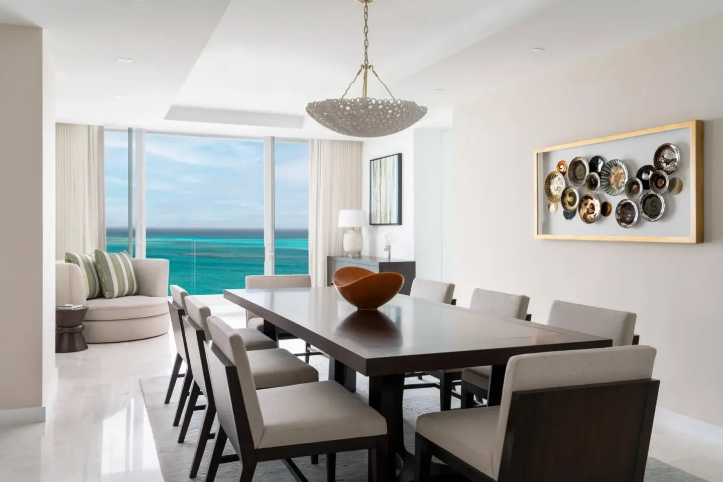 Ocean-view dining and living area at The Ritz-Carlton, Turks & Caicos.