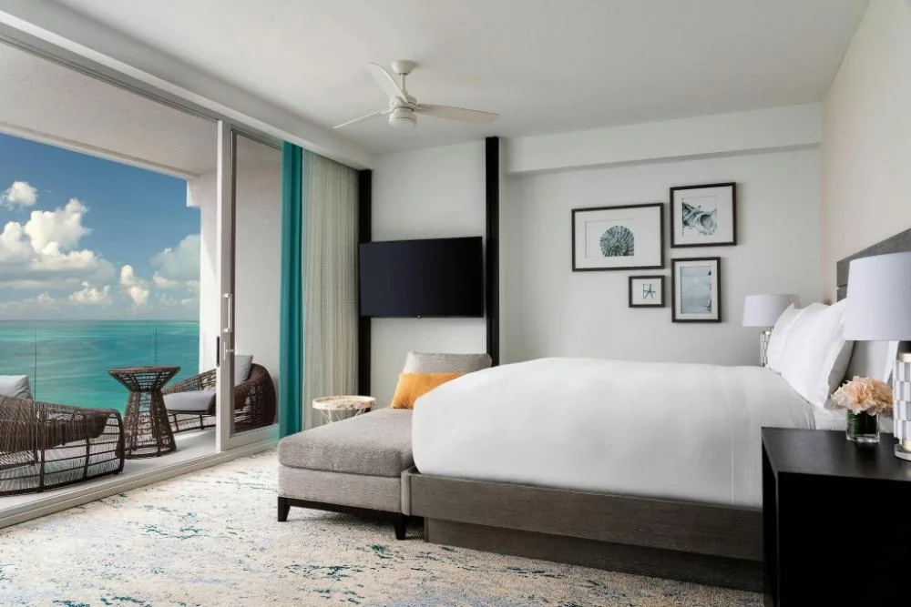 Deluxe Oceanfront king room with balcony view at The Ritz-Carlton, Turks & Caicos.