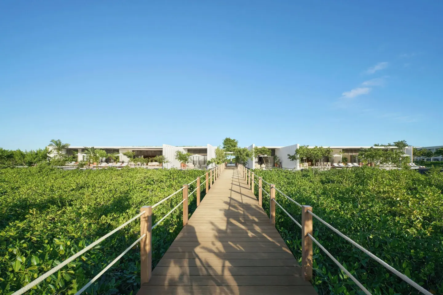 Wooden boardwalk crosses mangroves toward resort buildings at The Riviera Maya EDITION At Kanai.