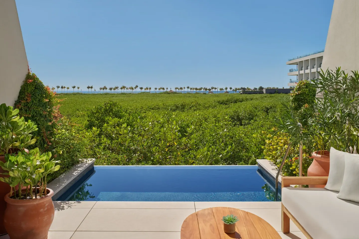 Private terrace plunge pool with garden and ocean view at The Riviera Maya EDITION At Kanai.