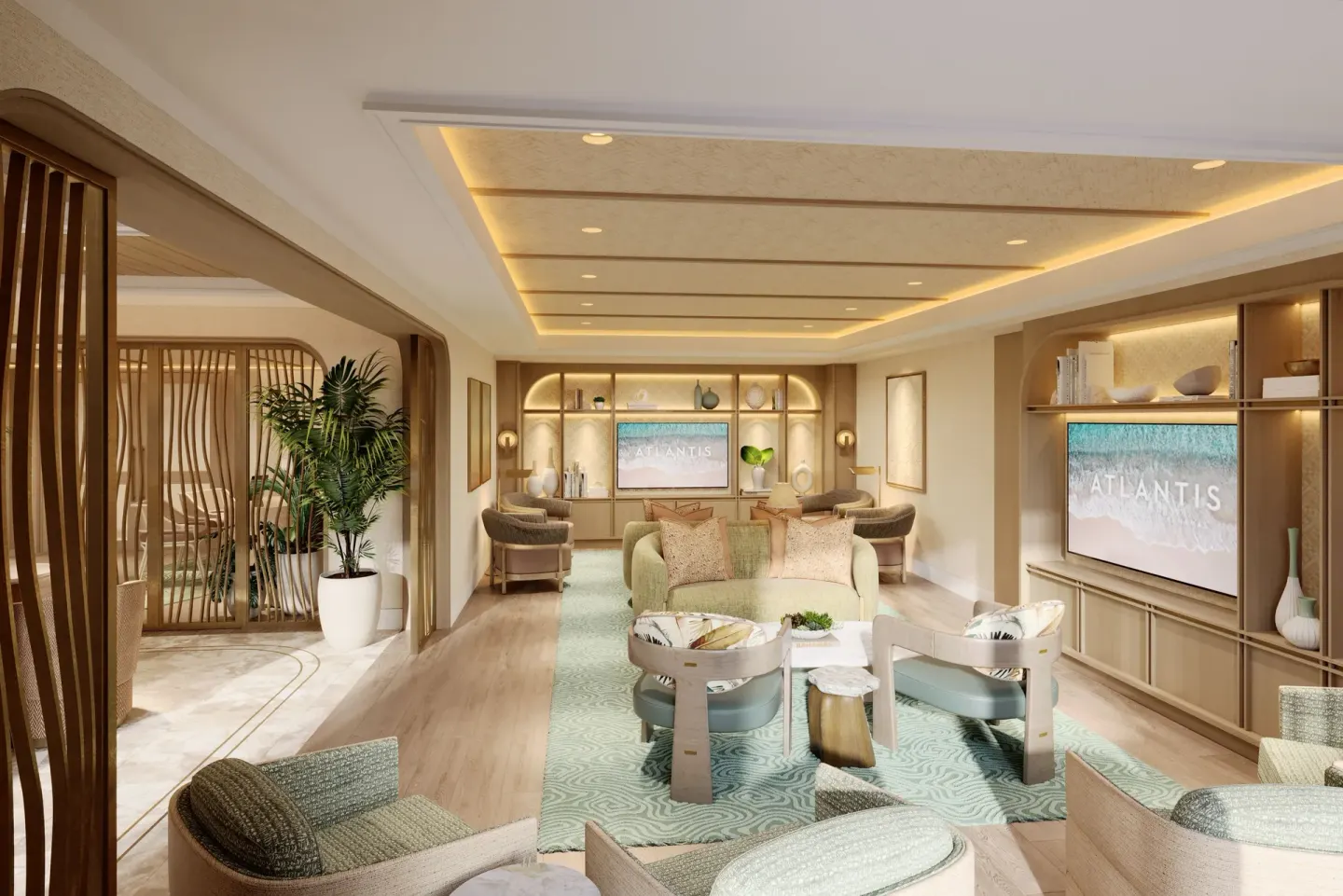 Lounge with sofas, chairs, and built-in display shelving at The Royal at Atlantis.