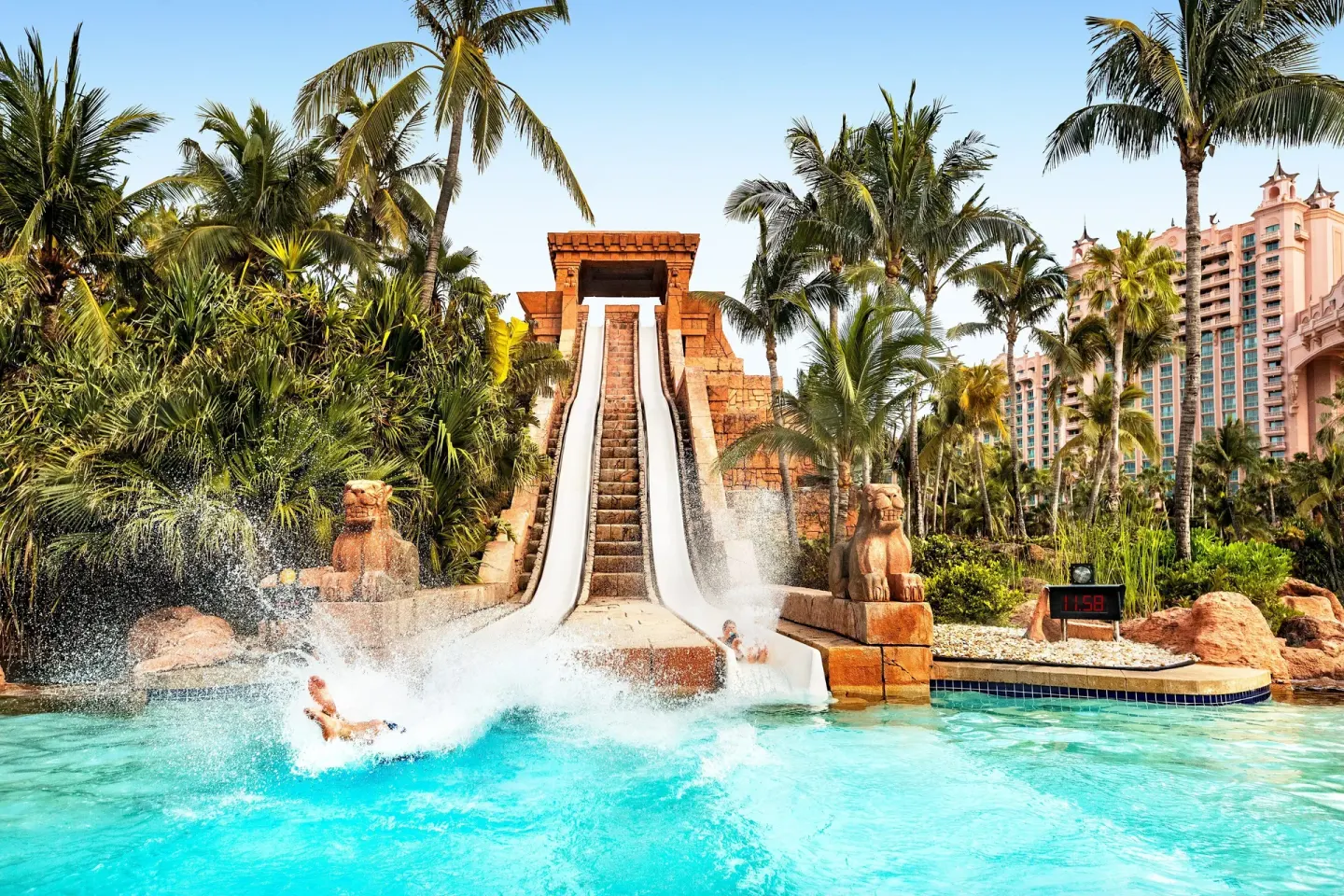 A tall waterslide splashes into a pool amid palms at The Royal at Atlantis.