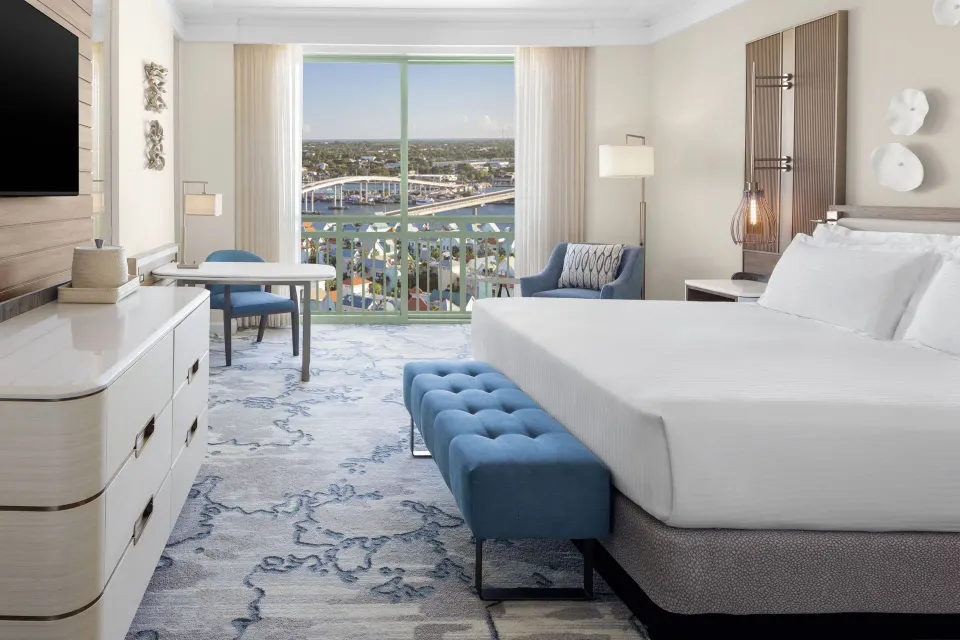 Harbor View king room with balcony seating at The Royal at Atlantis.