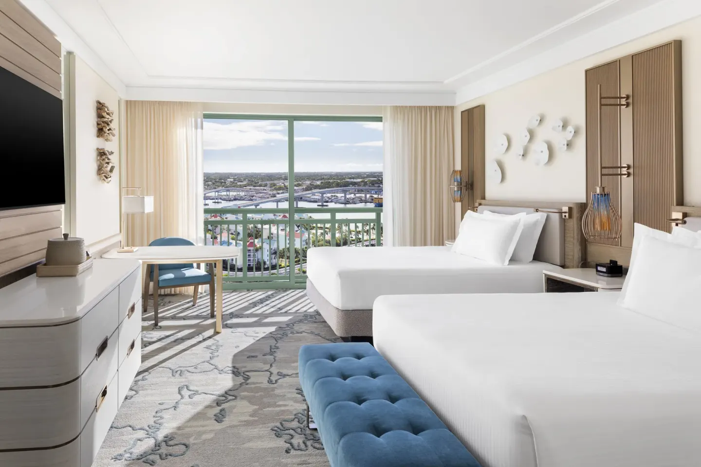 Harbor View room with two beds and balcony at The Royal at Atlantis.