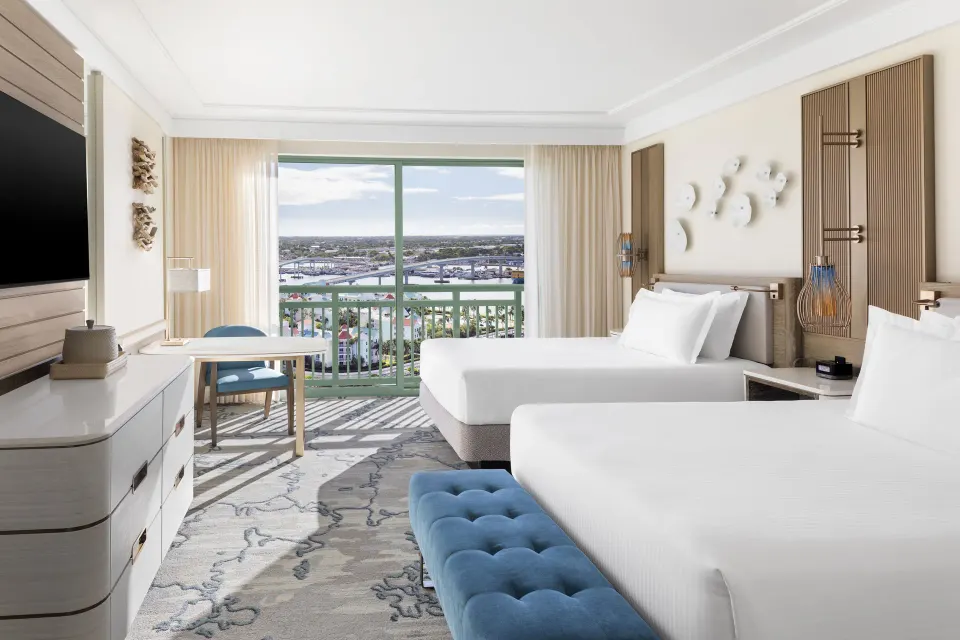 Harbor View room with two beds and balcony at The Royal at Atlantis.