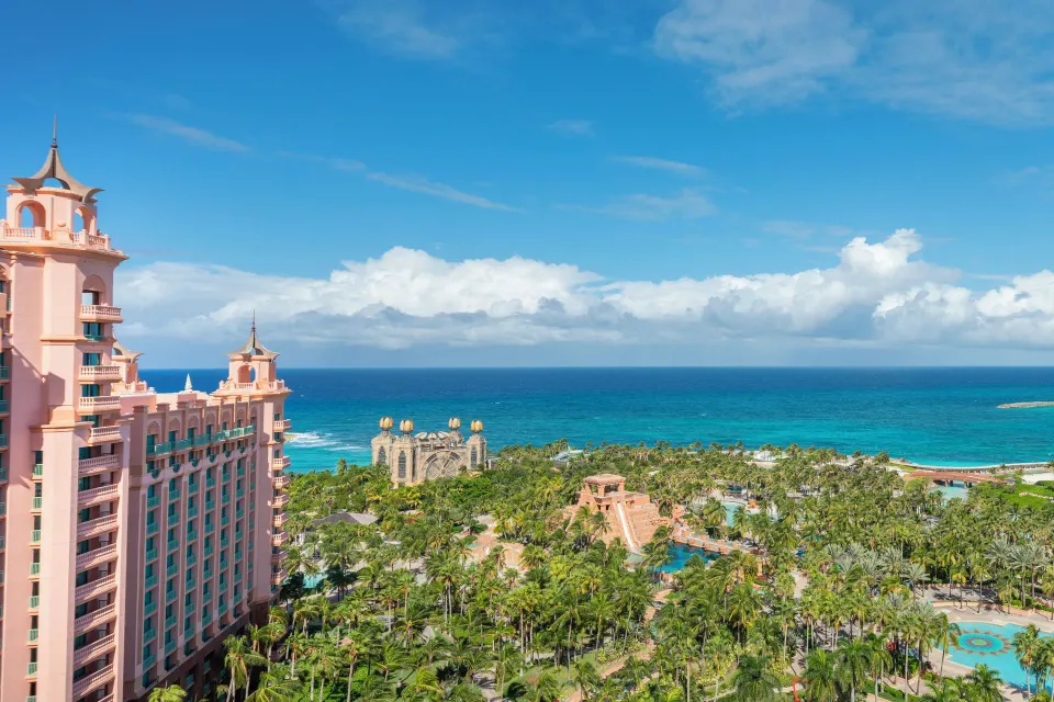 Ocean and resort grounds seen from a Water View room at The Royal at Atlantis.