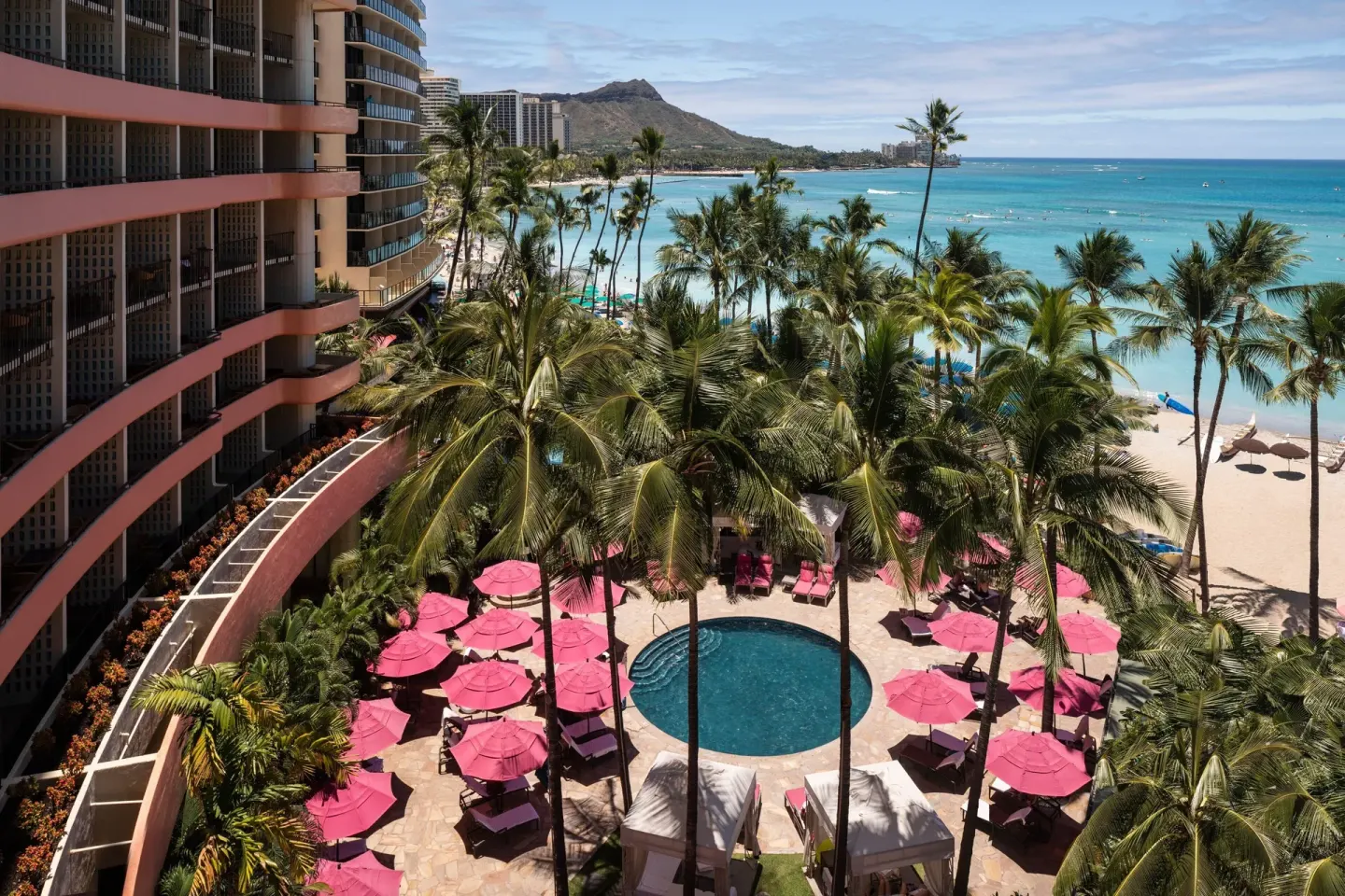 Aerial view of pool, palms, Waikiki Beach and Diamond Head at The Royal Hawaiian, Waikiki.