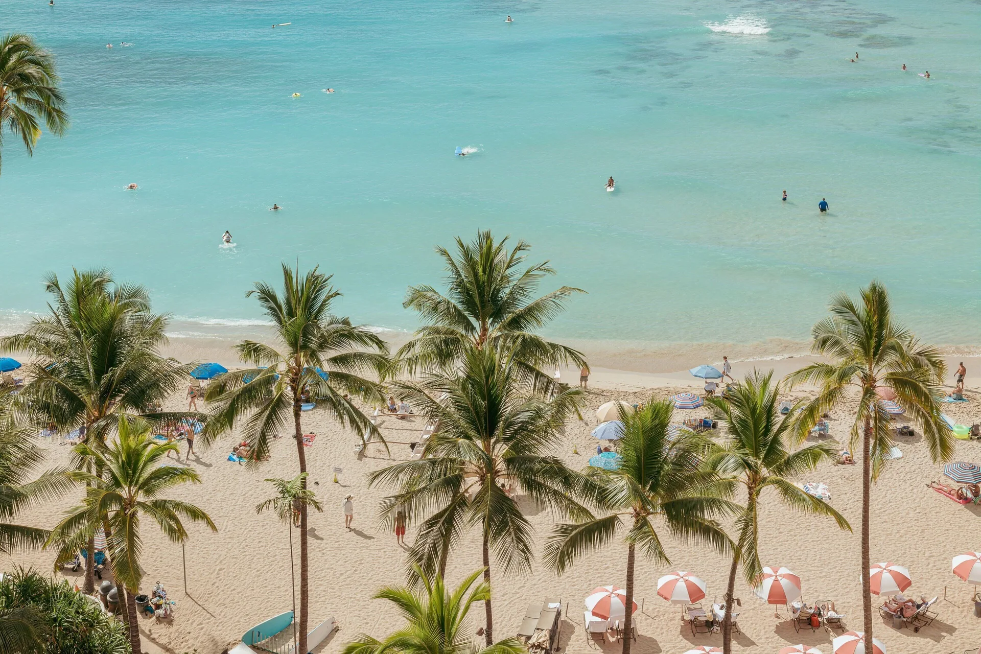 Waikiki Beach with palms and turquoise water at The Royal Hawaiian, Waikiki.