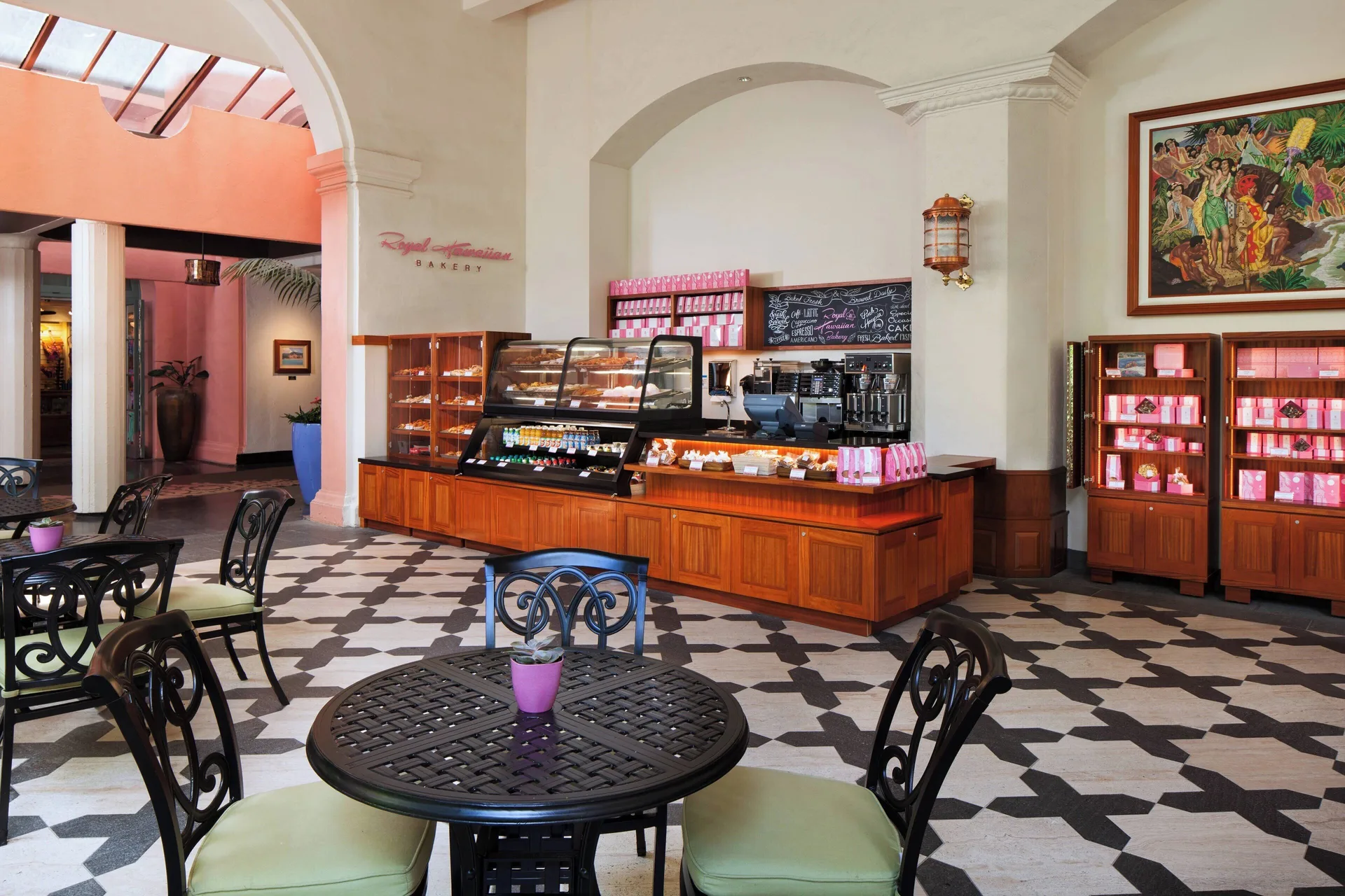 The Royal Hawaiian Bakery counter and seating area at The Royal Hawaiian, Waikiki.