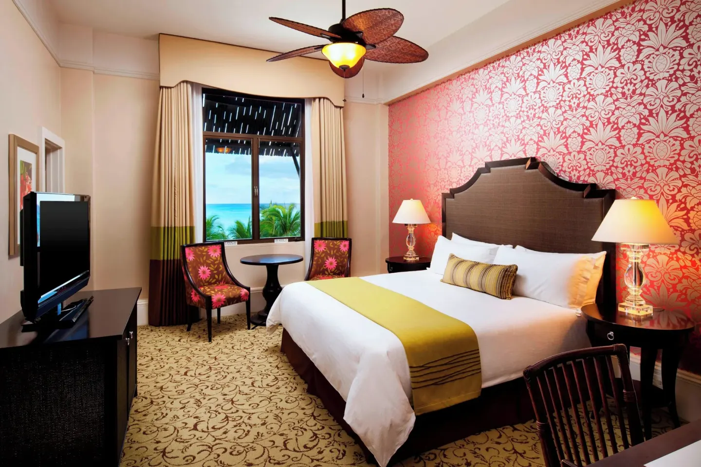 Historic Ocean View guest room with king bed at The Royal Hawaiian, Waikiki.