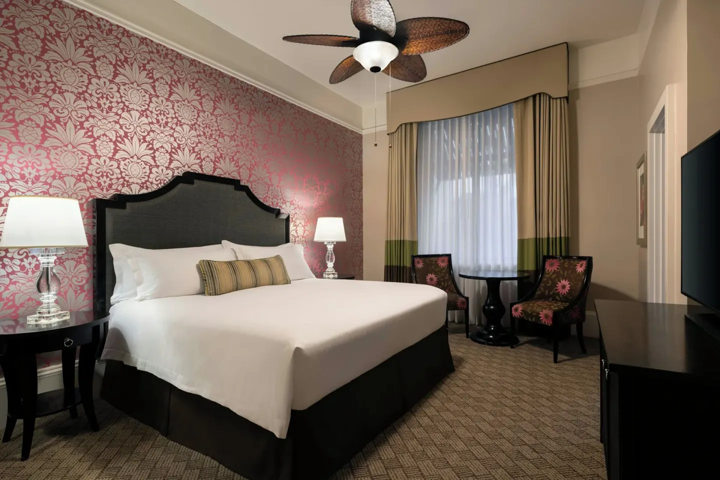 Historic Room 1 Resort View guest room with king bed at The Royal Hawaiian, Waikiki.