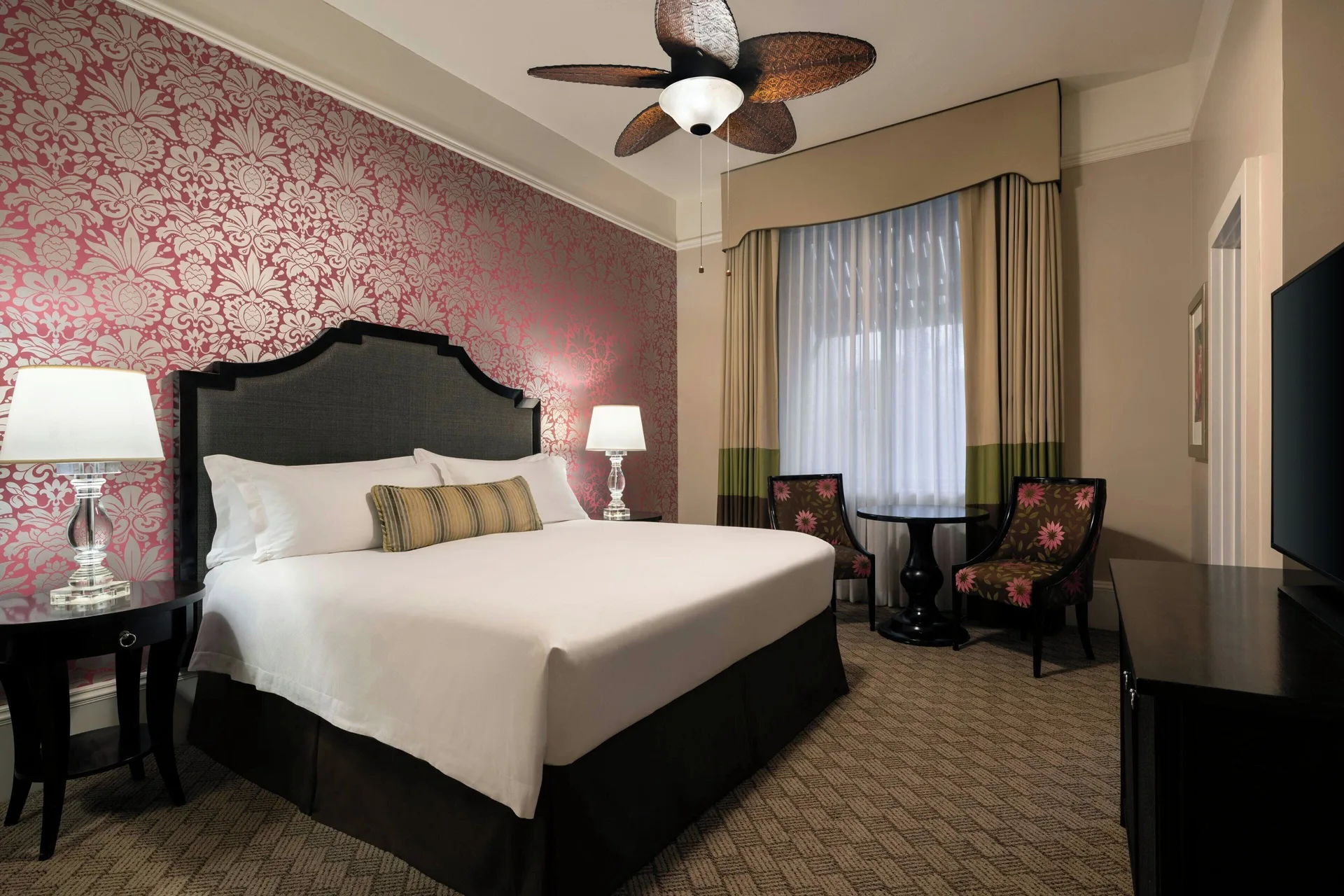 Historic Room 1 Resort View guest room with king bed at The Royal Hawaiian, Waikiki.
