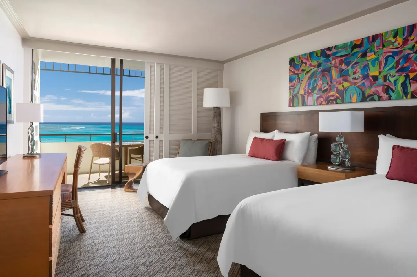Mailani Ocean Corner room with two beds and balcony ocean view at The Royal Hawaiian, Waikiki.