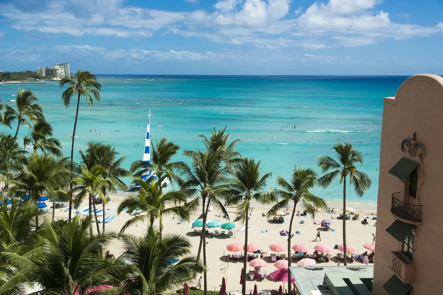 Waikiki Beach and ocean view from a Mailani Tower lanai at The Royal Hawaiian, Waikiki.
