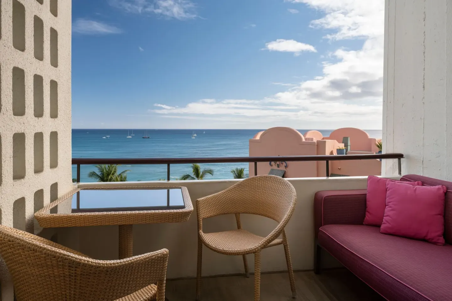 Furnished Mailani Tower balcony with ocean views at The Royal Hawaiian, Waikiki.