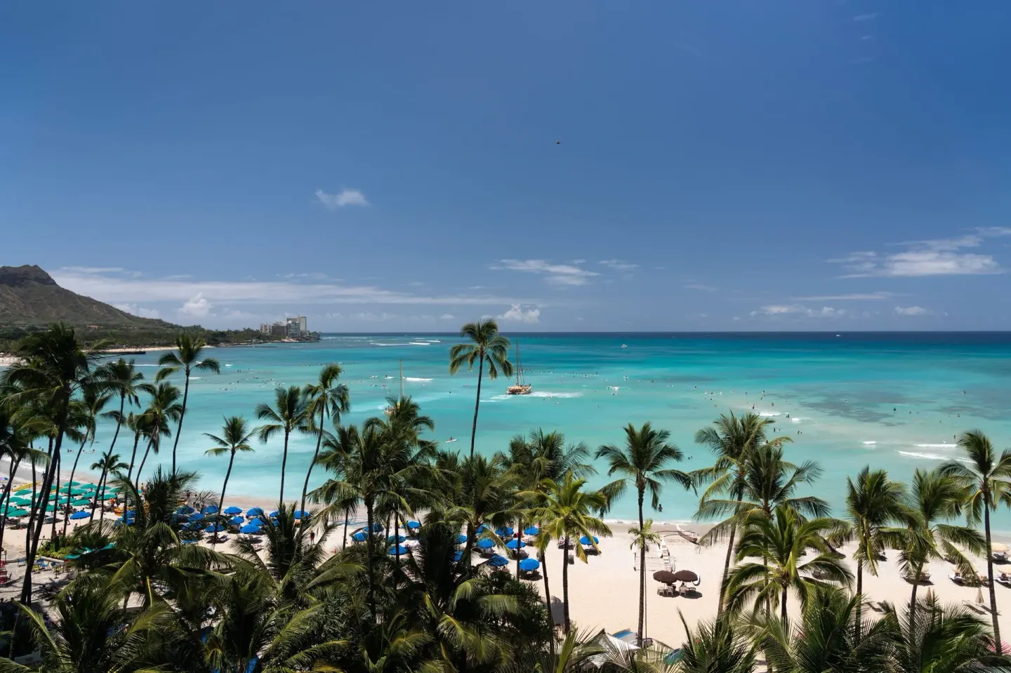 Waikiki Beach and ocean view from the Mailani Tower at The Royal Hawaiian, Waikiki.