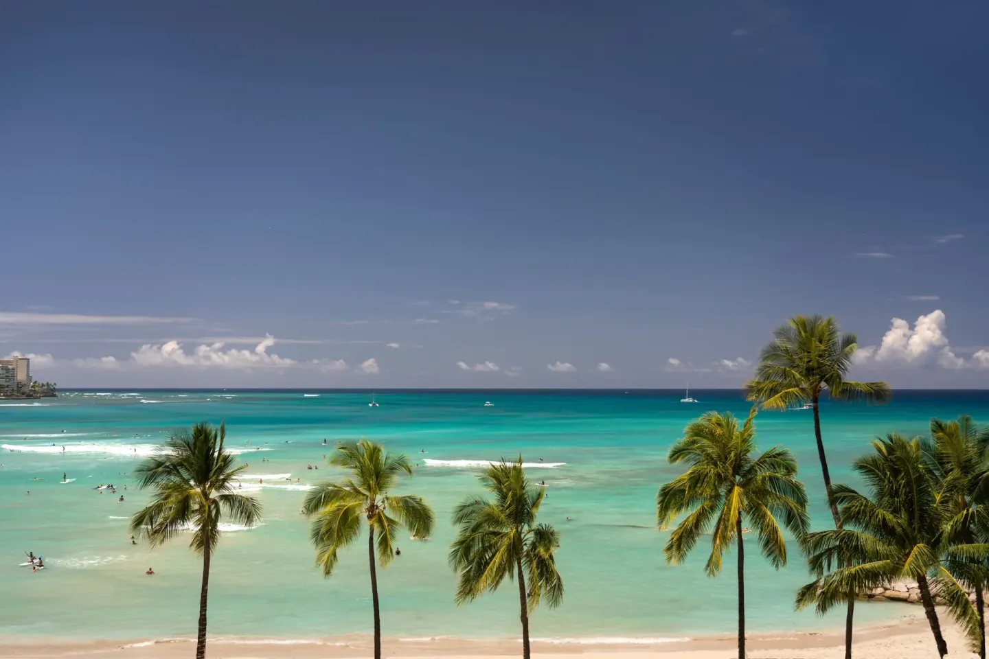 Waikiki ocean view with palm trees from The Royal Hawaiian, Waikiki.