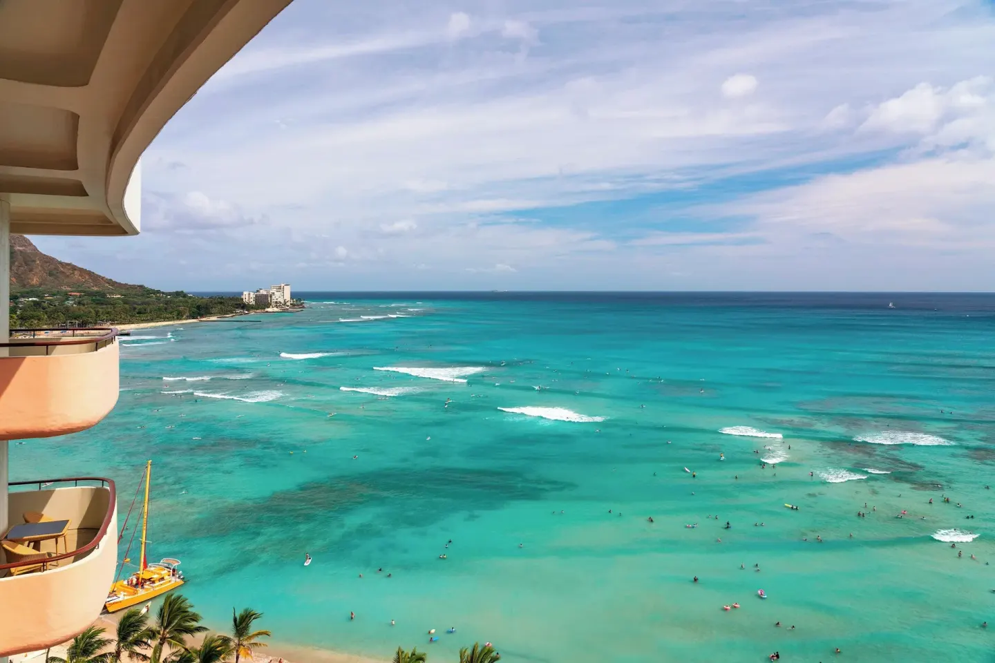 Balcony ocean and Diamond Head view from The Royal Hawaiian, Waikiki.