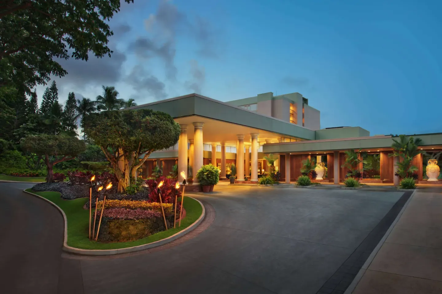 Illuminated resort entrance driveway at The Royal Sonesta Kaua'i Resort Lihue.