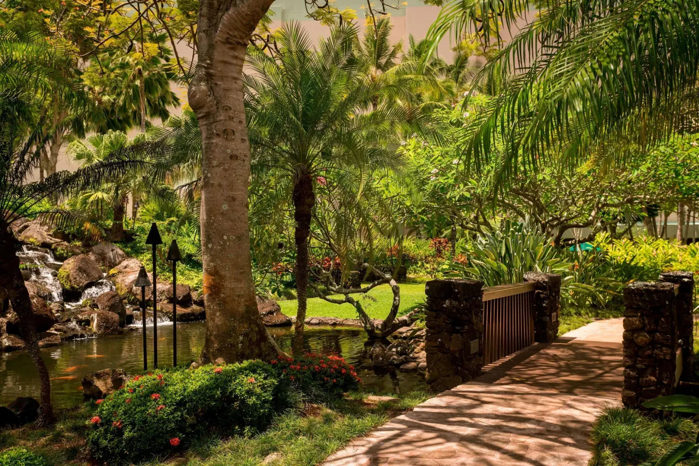 A tropical garden bridge crosses water at The Royal Sonesta Kaua'i Resort Lihue.