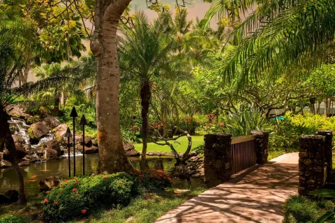 A tropical garden bridge crosses water at The Royal Sonesta Kaua'i Resort Lihue.
