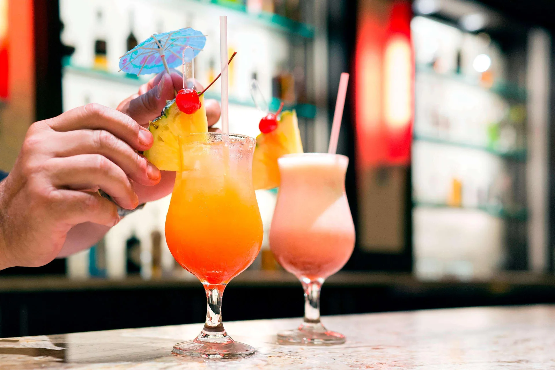 Tropical cocktails on a bar top at The Royal Sonesta Kaua'i Resort Lihue.