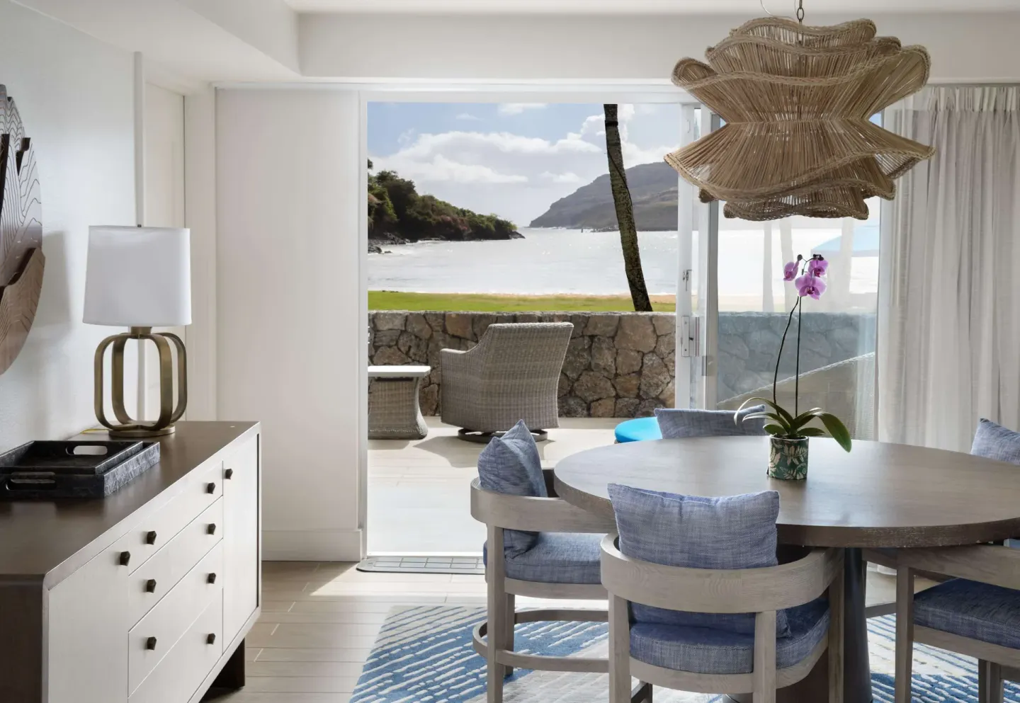 Oceanfront Lanai Suite dining area and lanai view at The Royal Sonesta Kaua'i Resort Lihue.
