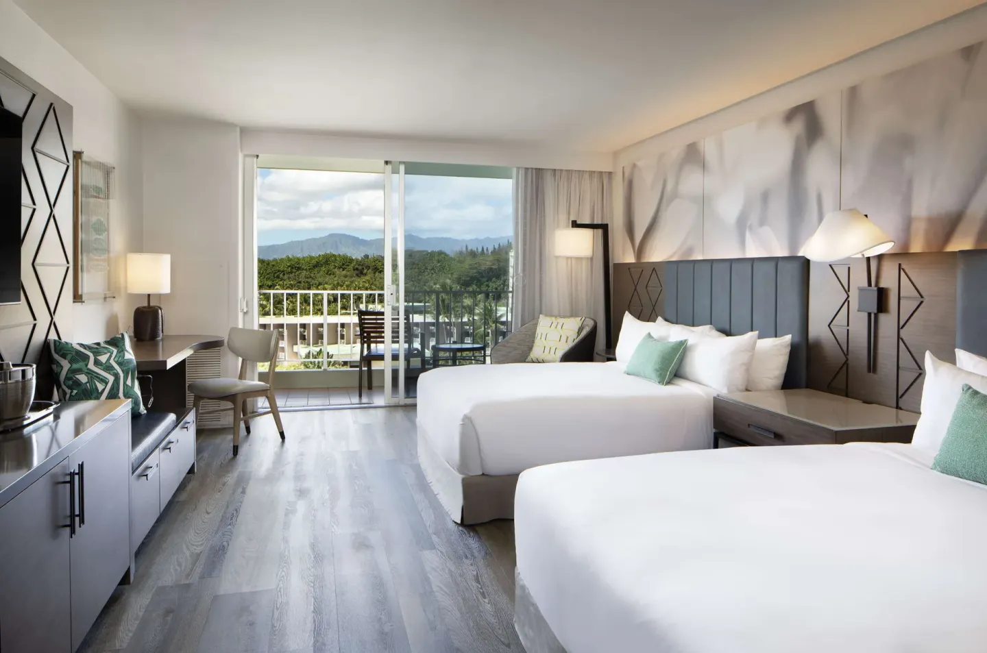 Two Queens Ocean View room with balcony and mountain view at The Royal Sonesta Kaua'i Resort Lihue.
