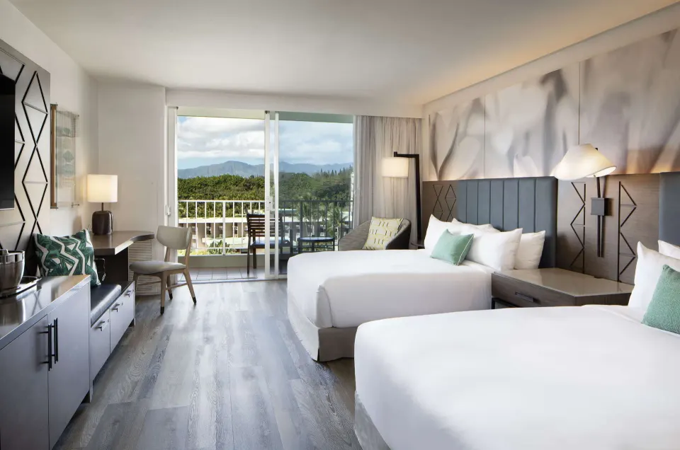 Two Queens Ocean View room with balcony and mountain view at The Royal Sonesta Kaua'i Resort Lihue.