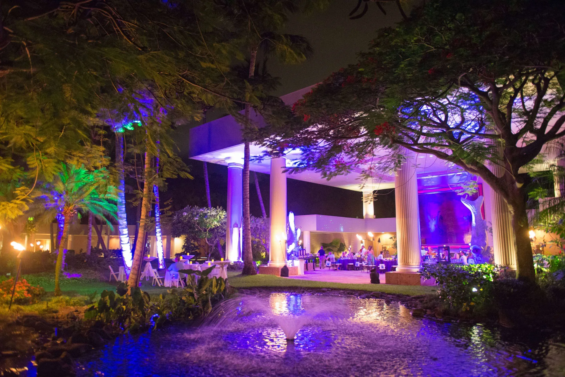 Nighttime event space with colorful lighting at The Royal Sonesta Kaua'i Resort Lihue.