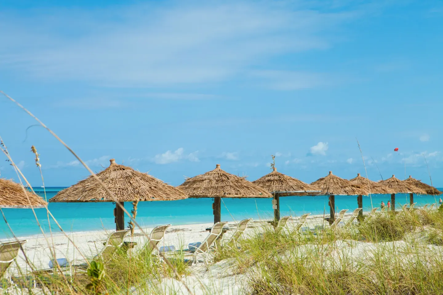 Thatched beach umbrellas and loungers behind dune grass at The Sands at Grace Bay.