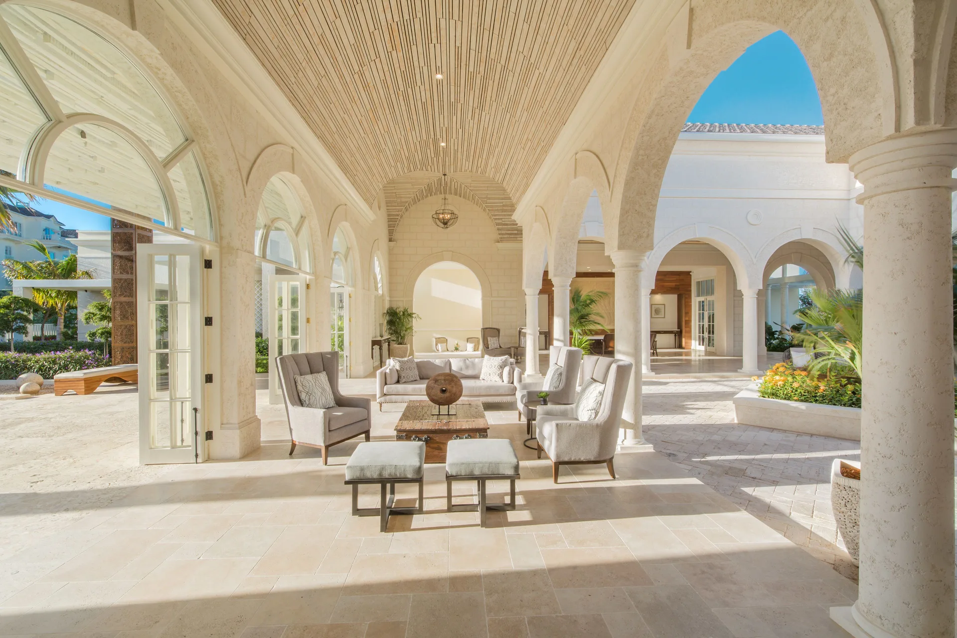 Arched lobby seating area and courtyard at The Shore Club Turks and Caicos.