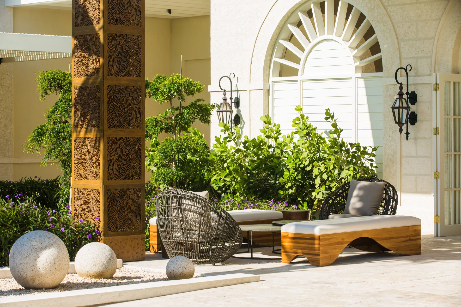 Courtyard seating and garden details at The Shore Club Turks and Caicos.