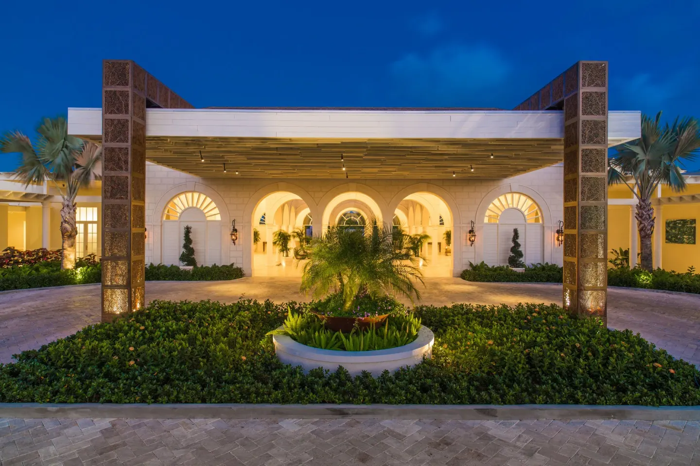 Illuminated evening entrance at The Shore Club Turks and Caicos.