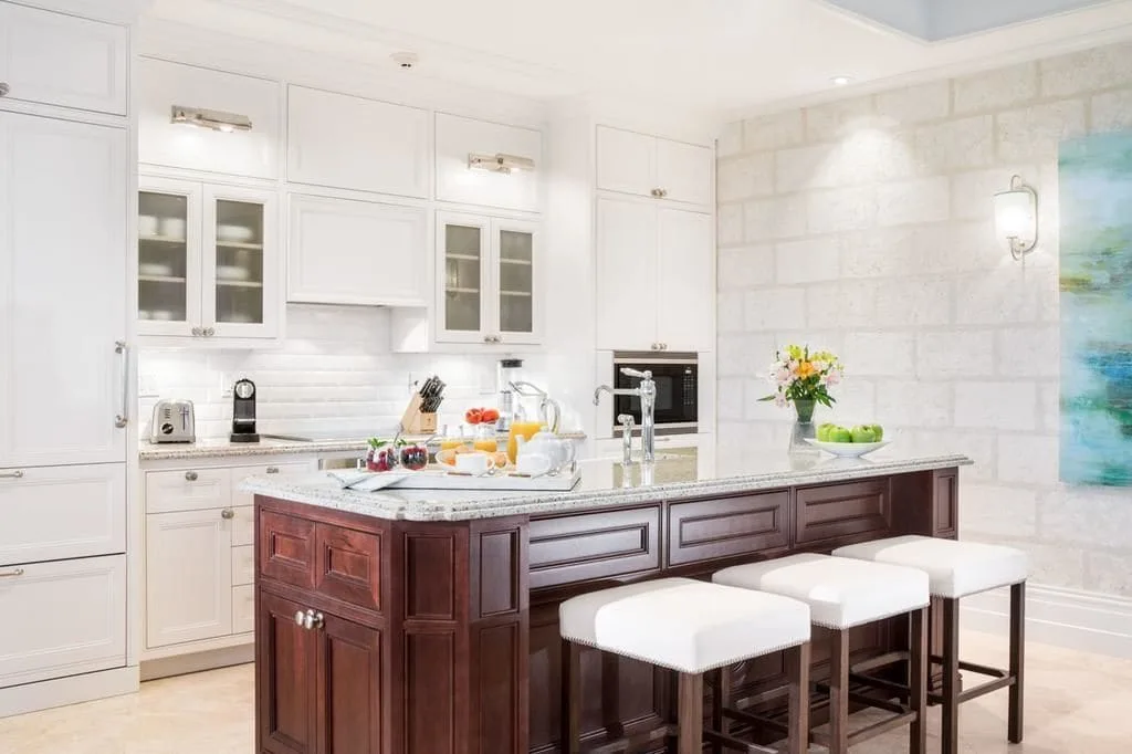 Kitchen counter and stools in a Deluxe Room, 1 Bedroom, Oceanfront at The Shore Club Turks and Caicos.