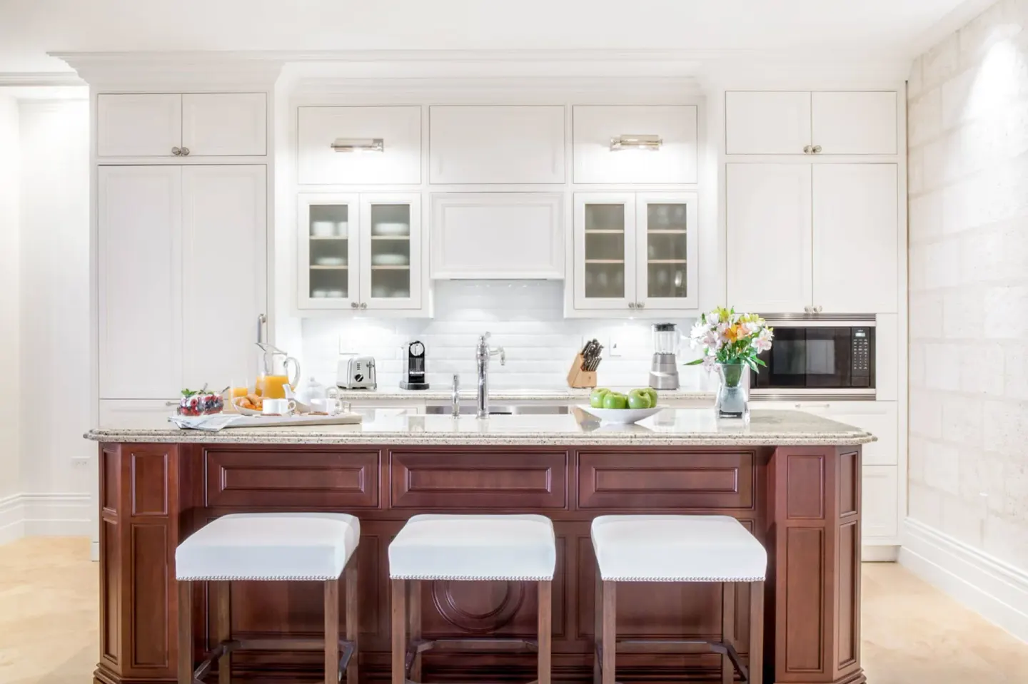 Kitchen island in a Deluxe Room, 1 Bedroom, Oceanfront at The Shore Club Turks and Caicos.