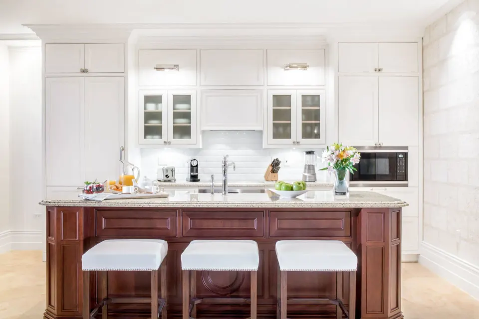 Kitchen island in a Deluxe Room, 1 Bedroom, Oceanfront at The Shore Club Turks and Caicos.