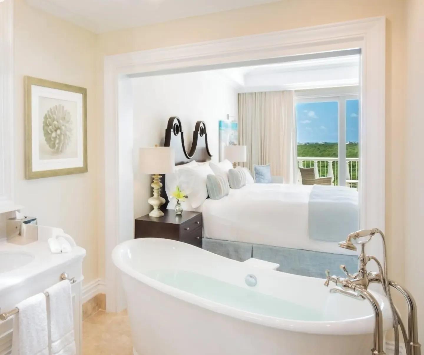 Junior Suite Garden View bathroom tub beside the bedroom at The Shore Club Turks and Caicos.