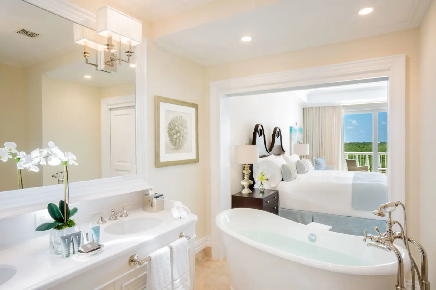 Junior Suite Pool View bathroom with soaking tub at The Shore Club Turks and Caicos.