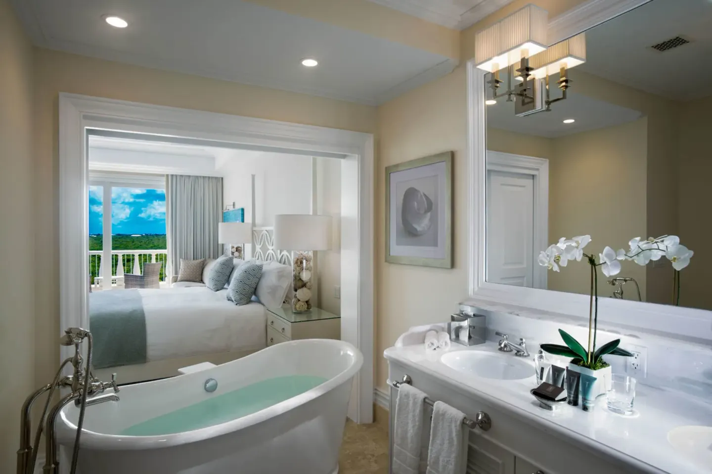 Junior Suite Pool View bathroom vanity and tub at The Shore Club Turks and Caicos.