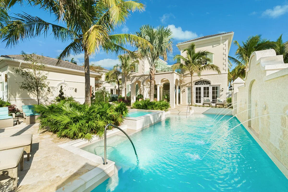 Luxury villa courtyard pool with fountains at The Shore Club Turks and Caicos.