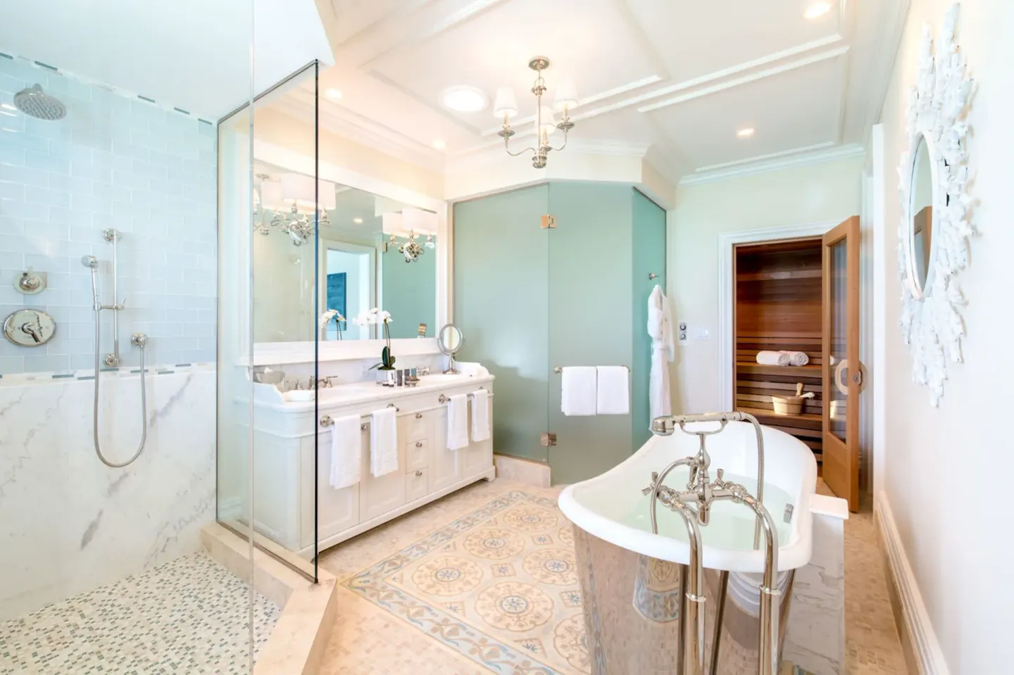 Penthouse bathroom with soaking tub and walk-in shower at The Shore Club Turks and Caicos.